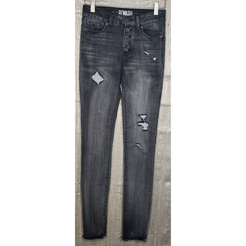 High Rise Skinny Ankle Jeans 1/25 Black Gray Distressed Button Fly Frayed Hem